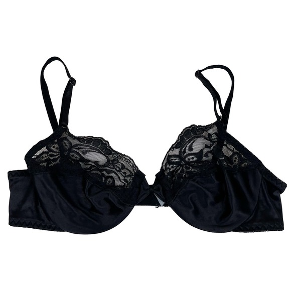 Vintage Olga? Black Satin Second Skin Bra Sheer Floral Lace 7520 Womens 36B - Picture 1 of 6